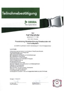 Zertifikat für die Teilnahme am Praxistraining zur Modelleinführung Streetscooter mit Hochvoltsystem, zertifiziert für Kfz-Gutachter.