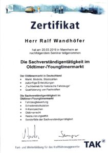 Zertifikat eines Kfz-Gutachters zur Bewertung von Oldtimern und Youngtimern.