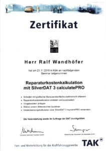 Zertifikat des Kfz-Gutachters für fachkundige Reparaturkostenkalkulation und Schadensbewertung.