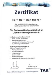 Zertifikat, das die Fachkompetenz des Kfz-Gutachters in der Bewertung von Oldtimern bestätigt.
