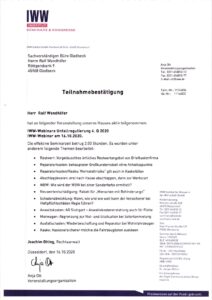 Teilnahmebestätigung IWW Institut: Webinar Unfallregulierung – Kfz Sachverständiger in Gladbeck