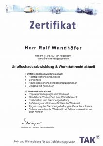 Urkunde zur Unfallschadenabwicklung und Werkstattrecht, die die fachliche Kompetenz des Kfz-Gutachters in diesen Bereichen bestätigt.