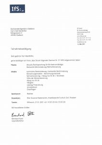 Teilnahmezertifikat eines Kfz-Gutachters zur Bestätigung der Fachkompetenz und Expertise