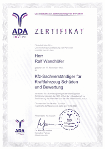 Teilnahmezertifikat für Kfz Schäden und Bewertung