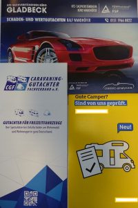 Infomaterial Kfz Sachverständigenbüro Gladbeck und Caravaning Gutachter Fachverband für Wohnmobil Gutachten