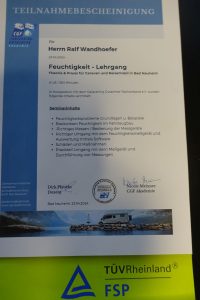 Teilnahmebescheinigung Lehrgang Feuchtigkeit für Wohnmobil und Caravan Qualifikation für Wohnmobil Gutachten