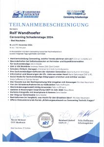 Teilnahmebescheinigung Caravaning Schadentage 2024 für Ralf Wandhöfer Qualifikation für Wohnmobil Gutachten