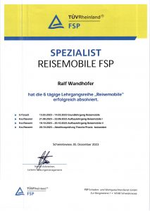 Zertifikat Spezialist Reisemobile TÜV Rheinland FSP für Ralf Wandhöfer als Nachweis für Wohnmobil Gutachten