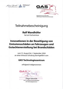 Teilnahmebescheinigung Ralf Wandhöfer - Innovationen in der Beseitigung von Emissionsschäden an Fahrzeugen und Gutachtenerstellung bei Brandschäden