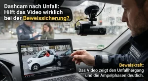 Ein Polizist prüft an einem Laptop im Auto eine Dashcam Aufnahme die einen Zusammenstoß zeigt während im Hintergrund die Polizei den Unfall aufnimmt.