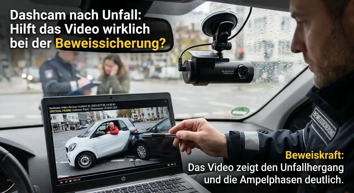 Ein Polizist prüft an einem Laptop im Auto eine Dashcam Aufnahme die einen Zusammenstoß zeigt während im Hintergrund die Polizei den Unfall aufnimmt.