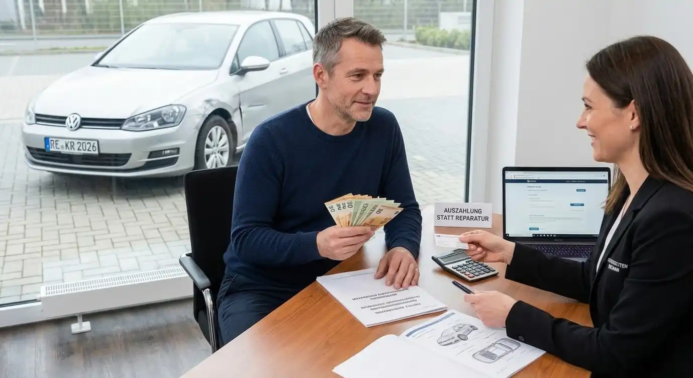 Ein zufriedener Kunde sitzt an einem Besprechungstisch und hält Bargeld in der Hand während im Hintergrund durch ein Fenster ein beschädigter silberner Wagen und ein Schild mit der Aufschrift Auszahlung statt Reparatur zu sehen ist.