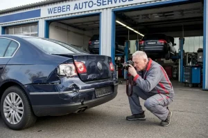 Ein Sachverständiger in dunkler Kleidung kniet hinter einem silbernen Auto und fotografiert einen Heckschaden an der Stoßstange während er ein Tablet zur digitalen Dokumentation nutzt.