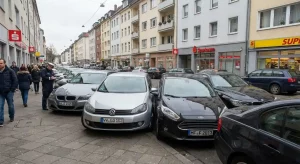 Eine belebte Straße in Bochum zeigt viele Autos die auf engen Raum sehr dicht nebeneinander geparkt sind während ein Polizist am Gehwegrand steht und sich Notizen macht.