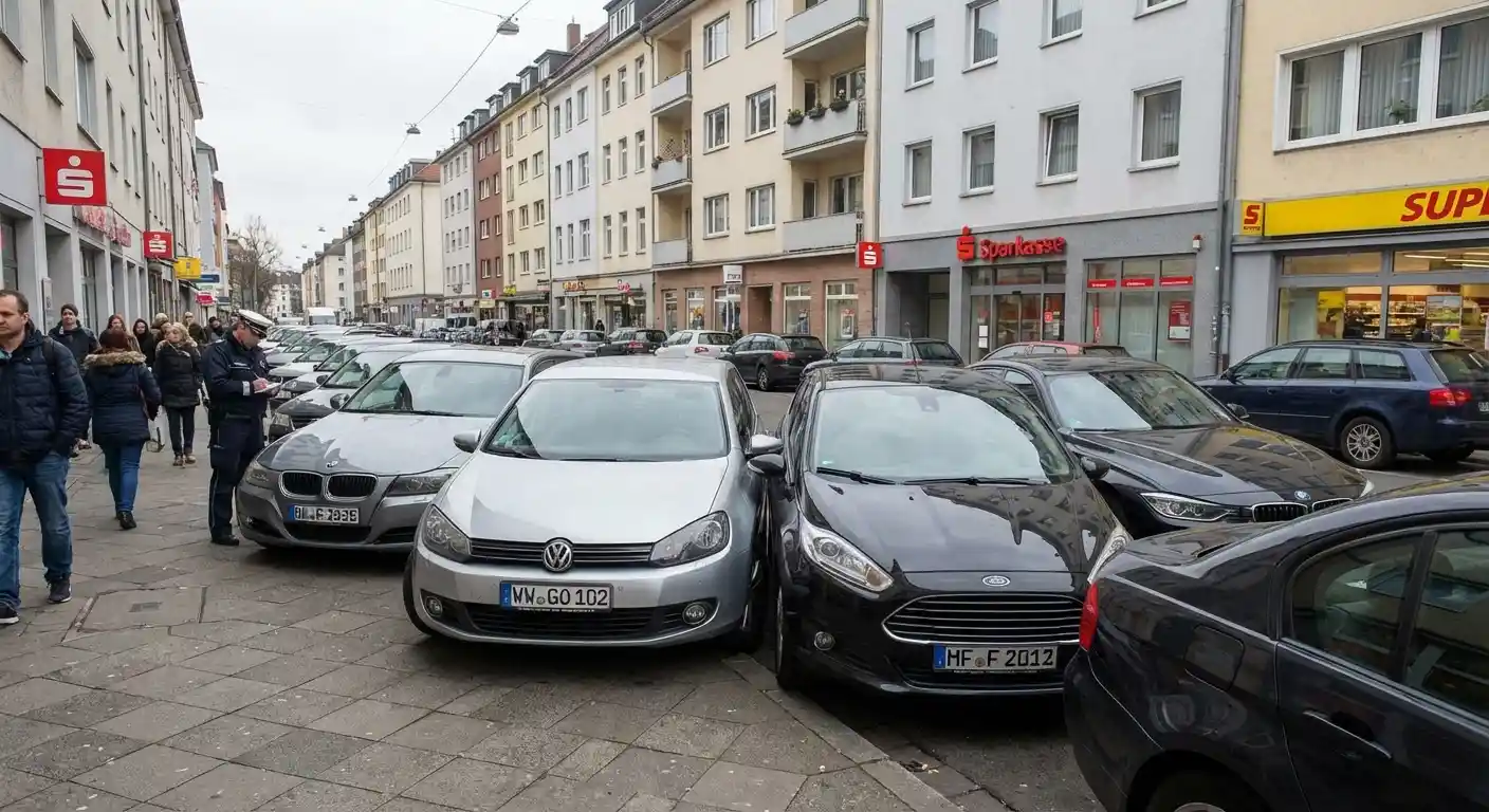 Eine belebte Straße in Bochum zeigt viele Autos die auf engen Raum sehr dicht nebeneinander geparkt sind während ein Polizist am Gehwegrand steht und sich Notizen macht.