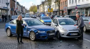 Eine Szene nach einer Kollision auf einer Stadtstraße bei der ein blauer Audi und ein silberner Ford beschädigt stehen geblieben sind während eine Frau telefoniert und im Hintergrund ein Polizeiwagen mit Blaulicht eintrifft.