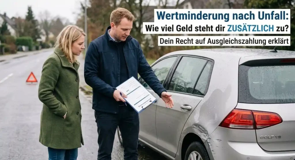 Ein Experte erklärt einem Kunden an einem Tablet eine Grafik zum Wertverlust während im Hintergrund ein weißes Auto mit einem sichtbaren Frontschaden steht.
