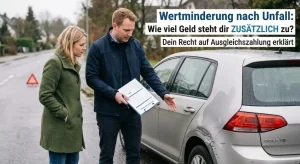 Ein Experte erklärt einem Kunden an einem Tablet eine Grafik zum Wertverlust während im Hintergrund ein weißes Auto mit einem sichtbaren Frontschaden steht.