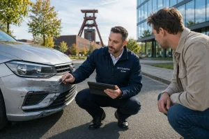 Gutachter in Essen begutachtet einen Unfallschaden am Auto und erklärt dem Kunden den Schaden fachlich greifbar vor Ort