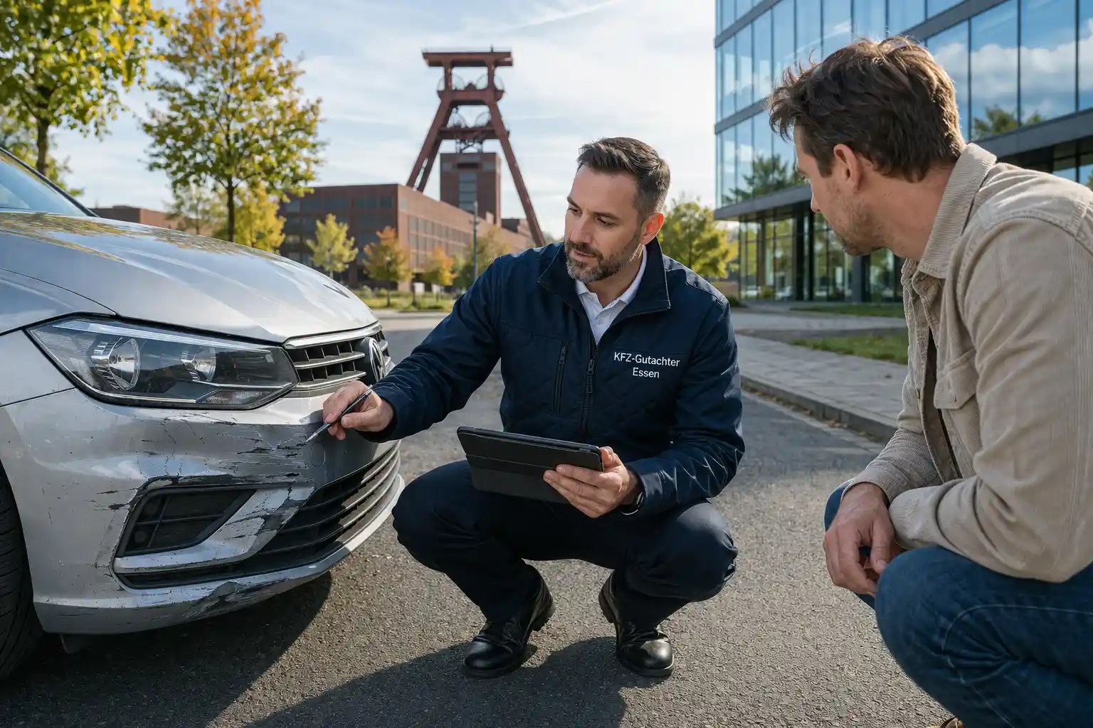 Gutachter in Essen begutachtet einen Unfallschaden am Auto und erklärt dem Kunden den Schaden fachlich greifbar vor Ort