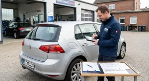 Ein KFZ Sachverständiger dokumentiert einen Streifschaden an einem silbernen VW Golf in Marl. Er nutzt ein Tablet zur digitalen Erfassung während im Vordergrund Dokumente zur Schadensfeststellung auf einem Tisch liegen.