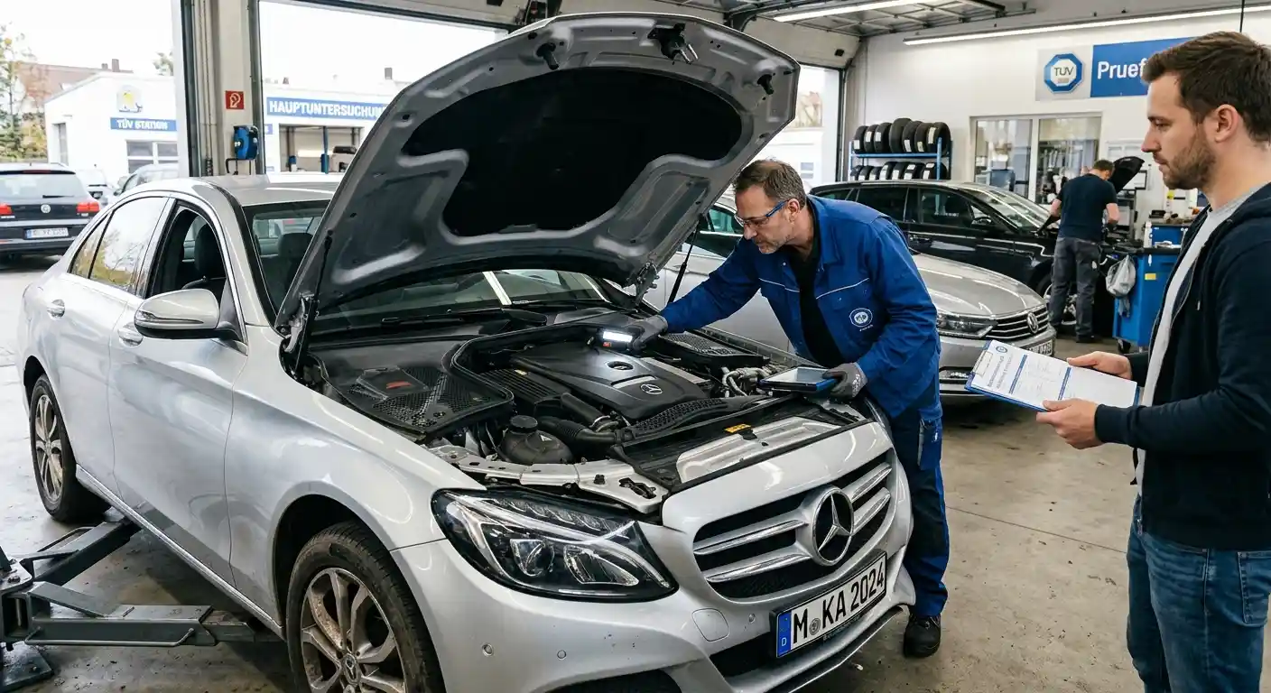 Ein erfahrener Gutachter in Marl prüft mit einer Taschenlampe den Motorraum eines silbernen Mercedes während ein Kunde mit einem Klemmbrett daneben steht und die Prüfung verfolgt.