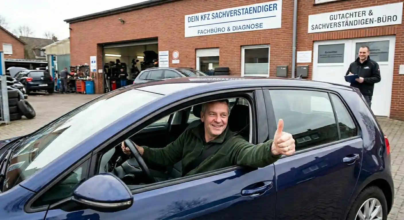 Ein lächelnder Autofahrer sitzt in einem blauen Fahrzeug und zeigt den Daumen nach oben während im Hintergrund das Büro vom Gutachter in Marl mit der Aufschrift Fachbüro und Diagnose zu sehen ist.