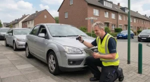 Ein KFZ Sachverständiger in einer gelben Warnweste kniet neben einem silbernen Ford Focus mit Frontschaden und fotografiert den Schaden zur Beweissicherung während er ein Tablet zur Dokumentation nutzt.