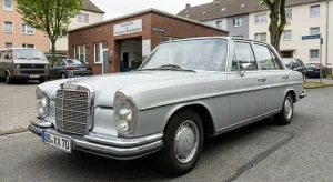Ein silberner Mercedes Benz Oldtimer parkt vor einem Backsteingebäude mit der Aufschrift Gutachter und Sachverständigen Büro. Das klassische Fahrzeug ist in einem gepflegten Zustand und zeigt die Expertise im Bereich historischer Automobile.