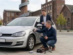 Kfz Gutachter und Sachverständiger in Dorsten bei der Unfallaufnahme und Schadensdiagnose an einem beschädigten silbernen Auto.