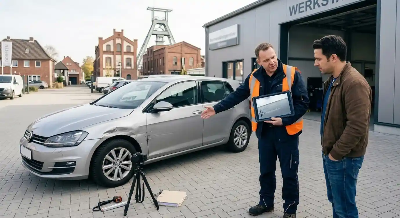 Kfz Gutachter in Dorsten bei der Schadensaufnahme mit einem Kunden vor der Kulisse des Förderturms Fürst Leopold.