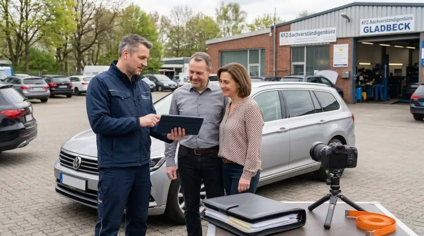 Ein Kfz Gutachter erklärt einem Kundenpaar aus Dorsten die Schadensdiagnose auf einem Tablet vor ihrem Auto in der Niederlassung Gladbeck.