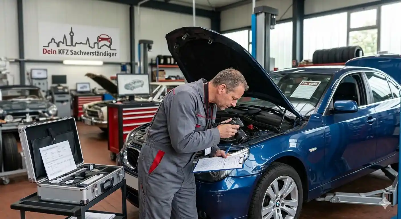 Professionelle Schadensaufnahme durch einen KFZ Sachverständigen in Herten bei einer Fahrzeugbesichtigung in der Werkstatt.