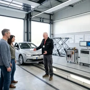 Ralf Wandhöfer bespricht ein Gutachten mit zwei Kunden vor einem Fahrzeug in einer modernen Prüfhallle