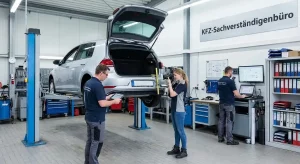 Kfz Sachverständiger in Recklinghausen bei der Fahrzeugprüfung in einer modernen Werkstatt mit Hebebühne und Dokumentation