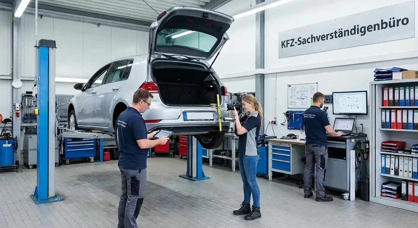 Kfz Sachverständiger in Recklinghausen bei der Fahrzeugprüfung in einer modernen Werkstatt mit Hebebühne und Dokumentation