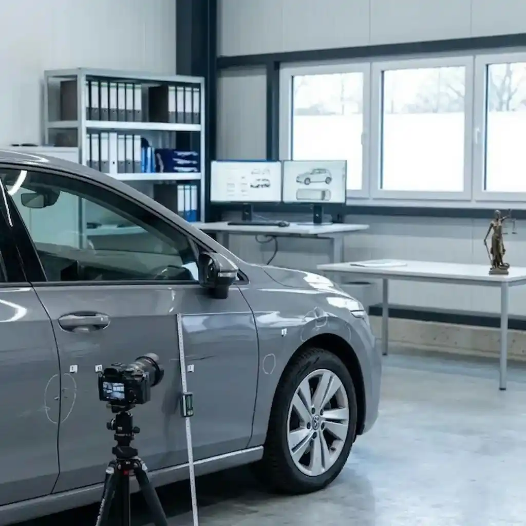 Fahrzeug in Prüfhalle mit Kamera und Messsystem für Sachverständiger und Schadensbegutachtung nach Unfallschaden