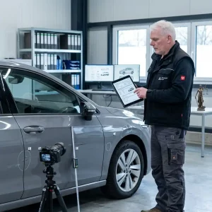 Ralf Wandhöfer prüft Fahrzeugschäden an einem Pkw mit Tablet und Messwerkzeug für ein KFZ Gutachten in einer Werkstatthalle