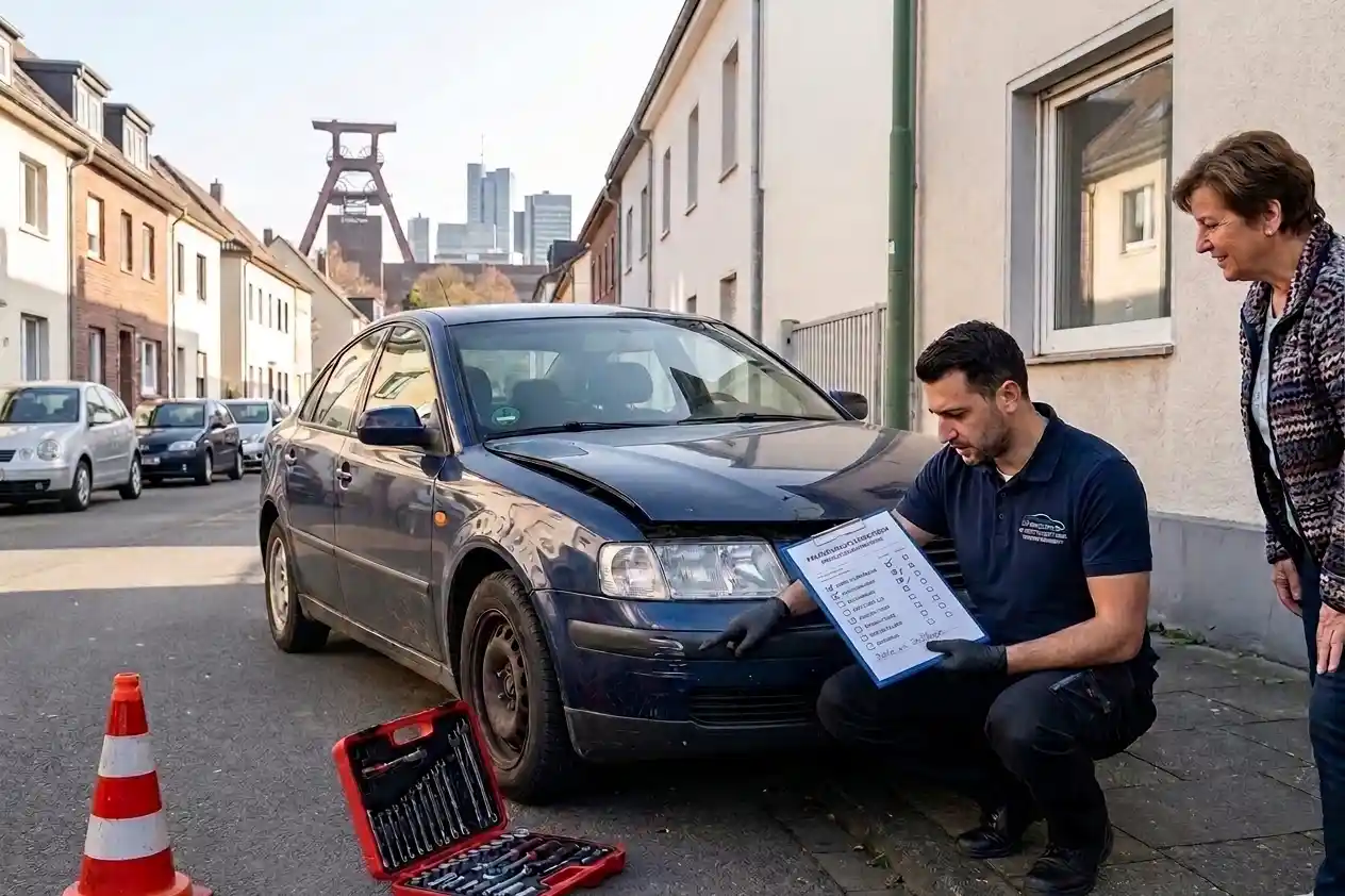 Ein professioneller Gutachter in Essen kniet vor einem blauen Auto mit Unfallschaden und geht eine Checkliste auf seinem Klemmbrett durch während eine Kundin daneben steht. Im Hintergrund ist die Dortmunder Skyline mit dem charakteristischen Förderturm zu erkennen.