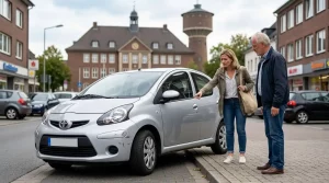 Eine Frau und ein Mann stehen in Dinslaken neben einem silbernen Toyota Kleinwagen mit einem Parkschaden an der Frontstoßstange. Sie begutachten den Schaden vor der Kulisse des historischen Rathauses und des Wasserturms. "Dein KFZ Sachverständiger" unterstützt Kunden direkt vor Ort bei der Schadensbewertung.