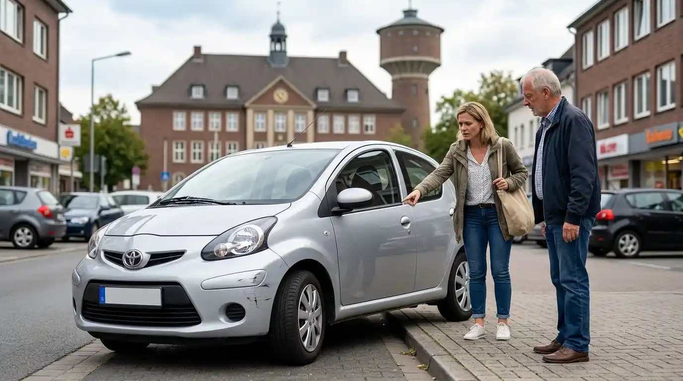 Eine Frau und ein Mann stehen in Dinslaken neben einem silbernen Toyota Kleinwagen mit einem Parkschaden an der Frontstoßstange. Sie begutachten den Schaden vor der Kulisse des historischen Rathauses und des Wasserturms. "Dein KFZ Sachverständiger" unterstützt Kunden direkt vor Ort bei der Schadensbewertung.