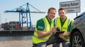 Zwei freundliche KFZ Sachverständige in grünen Poloshirts und Warnwesten dokumentieren einen Unfallschaden an einem Fahrzeug im Duisburger Hafen. Im Hintergrund ist ein großer Hafenkran sowie ein Ortsschild von Duisburg Ruhrort zu sehen.