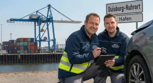 Zwei freundliche KFZ Sachverständige in grünen Poloshirts und Warnwesten dokumentieren einen Unfallschaden an einem Fahrzeug im Duisburger Hafen. Im Hintergrund ist ein großer Hafenkran sowie ein Ortsschild von Duisburg Ruhrort zu sehen.