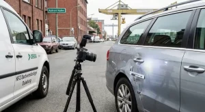 Ein KFZ Sachverständiger bei der Begutachtung eines silbernen Autos mit Blechschaden in Duisburg Ruhrort. Im Hintergrund ist ein DEKRA Einsatzfahrzeug und eine Kamera auf einem Stativ zur Dokumentation zu sehen.