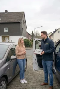 Ein freundlicher Gutachter von Dein KFZ Sachverständiger zeigt einer Kundin ein digitales Dokument auf einem Tablet. Sie stehen in einer Wohnstraße in Mülheim an der Ruhr vor einem silbernen Kleinwagen und einem Servicefahrzeug.