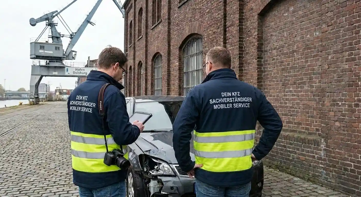 Zwei Experten von Dein KFZ Sachverständiger Mobiler Service begutachten einen Frontschaden an einem dunklen PKW im Duisburger Hafen. Einer der Gutachter nutzt ein Tablet zur digitalen Schadensaufnahme vor einem Backsteingebäude und einem Hafenkran.