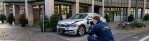 Ein Gutachter von Dein KFZ Sachverständiger kniet vor einem silbernen PKW mit Frontschaden und fotografiert die Beschädigungen. Der Unfallort befindet sich auf einem gepflasterten Vorplatz direkt vor einer Sparkasse Filiale in Mülheim an der Ruhr.
