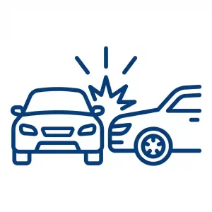 Ein stilisiertes blaues Icon, das einen Pkw-Unfall darstellt: Zwei Autos stoßen zusammen, darüber ein Explosions-Symbol. Dein KFZ Sachverständiger hilft Ihnen schnell nach einem Unfall.
