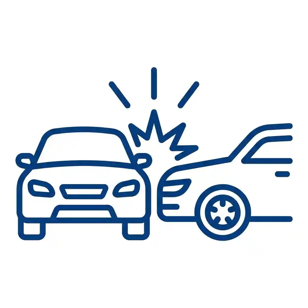 Ein stilisiertes blaues Icon, das einen Pkw-Unfall darstellt: Zwei Autos stoßen zusammen, darüber ein Explosions-Symbol. Dein KFZ Sachverständiger hilft Ihnen schnell nach einem Unfall.