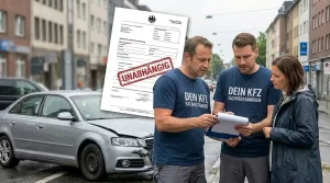 Zwei Experten von Dein KFZ Sachverständiger im Gespräch mit einer Kundin an einem Unfallort. Im Vordergrund ist ein beschädigter silberner PKW zu sehen, im Hintergrund ist ein Dokument mit dem Stempel UNABHÄNGIG eingeblendet.